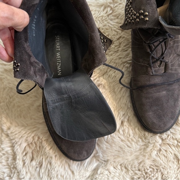 Stuart Weitzman Yadastud Chain-Link Fold Down Studded Ankle Grey Suede Size 7 - Picture 14 of 17